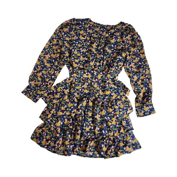 Kendall + Kylie Floral Ruffle Mini Dress Navy Blue Yellow Pink Long Sleeve 12/14 - Picture 7 of 9